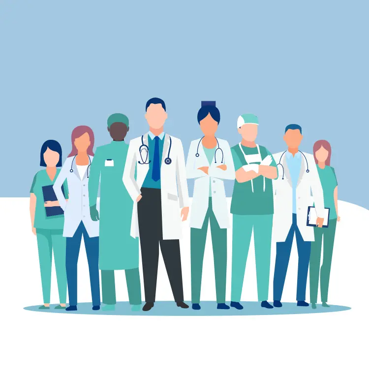 An illustration of eight medical professionals standing in a row. Some are wearing scrubs and others white coats