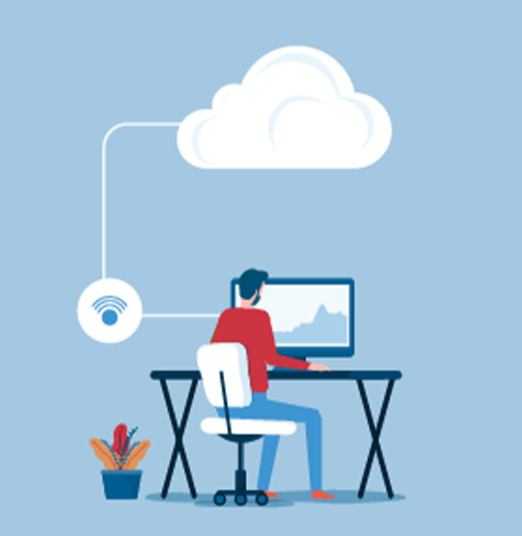 An illustration of a man sitting at a desk with a computer monitor. Above him is a cloud representing cloud storage.