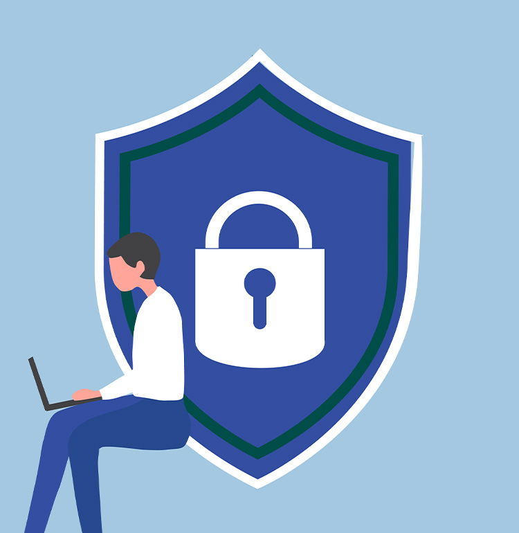 An illustration a person sitting down on a laptop. Centered and taking up most of the grame is an image of a shield with a lock in the center