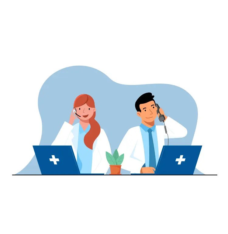 An illustration of two medical professionals, each on the phone, and with a laptop in front of them at the desk they share.