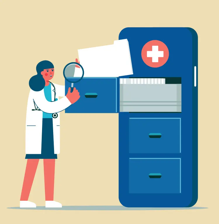 An illustration of a female doctor going through a file cabinet to look for a file.