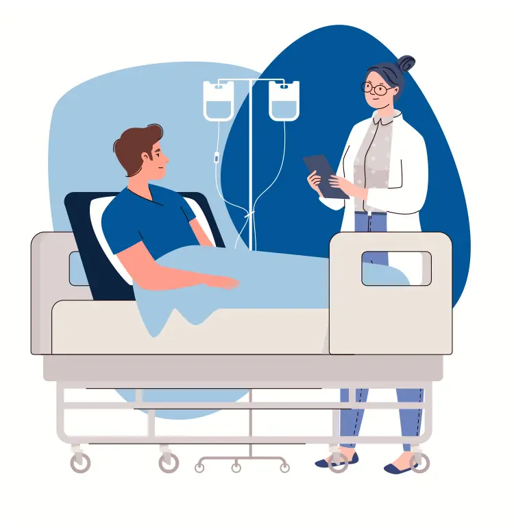 An illustration of a female nurse checking up on a male patient in a hosptial bed.