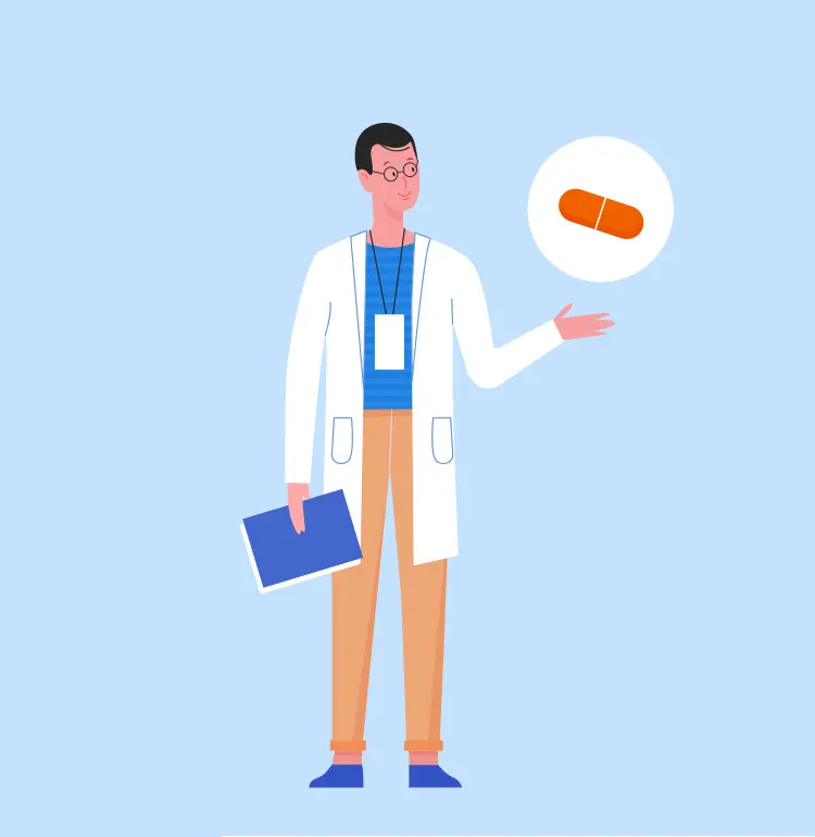 an illustration of a male pharmacist holding up medicine.