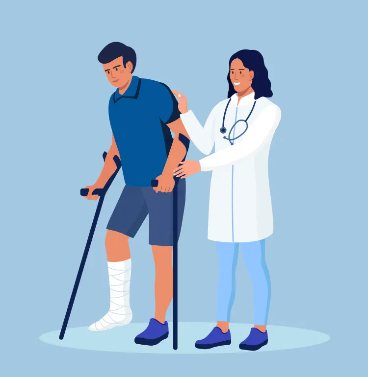 an illustration of a women wearing labcoat helping out injuried man walk.