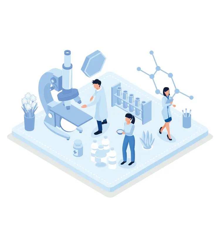 an illustration of a group of people going around a lab.
